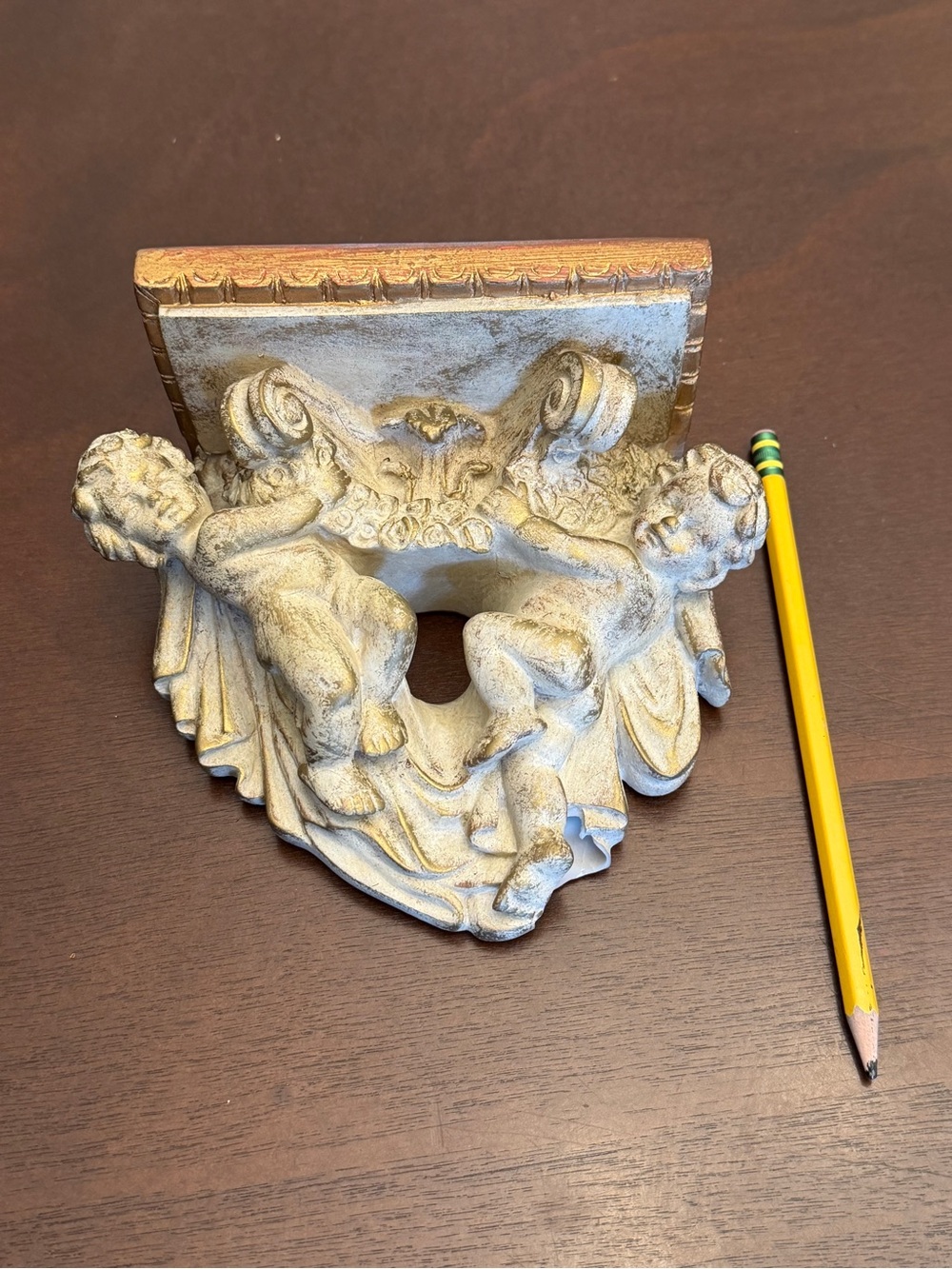 Cherub Wall Sconce Shelf Accent in Antique White and Gold